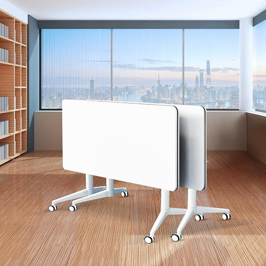 Folding Conference Table,Movable Conference Room Table with Wheels,White Wood Rectangular Conference Table with Modern Business Style,Modular Meeting Training Tables for Office Classroom(2,47.2'')