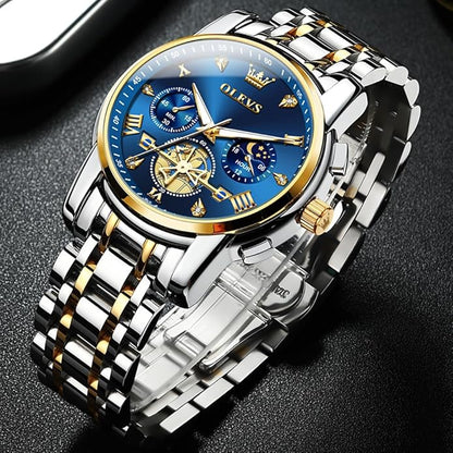 OLEVS Men Silver Watches,Men's Stainless Steel Chronograph Watch,Man Analog Quartz Big Face Male Watches Luxury Waterproof Roman Numeral Dress Diamond Relojes para Hombre