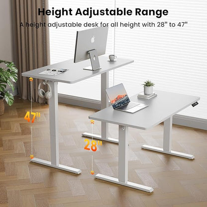 40x24 Inches Height Adjustable Electric Standing Desk with 2 Hooks for Home Office, Ergonomic Sit Stand up Desk with Splice Board, White