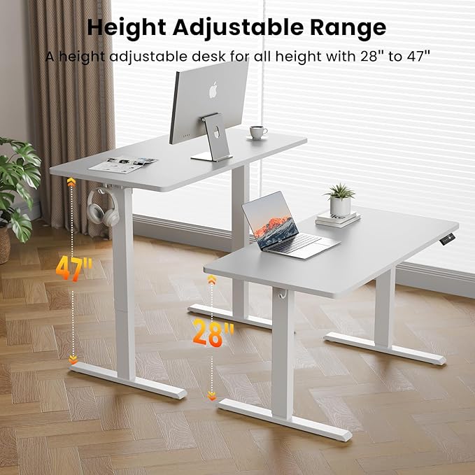 48x24 Inches Height Adjustable Electric Standing Desk with 2 Hooks for Home Office, Ergonomic Sit Stand up Desk with Splice Board, White