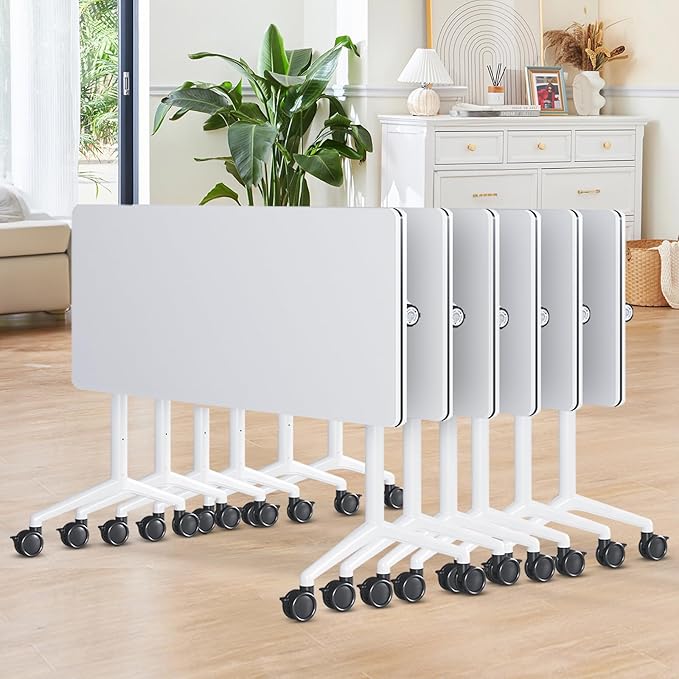 Conference Room Table, 55 Inch Folding Conference Tables with Wheels, Modern Office Meeting Table, Easy Flip & Nest Design, Rectangular Seminar Tables with Metal Frame for 2-24 People(A 6PCS)