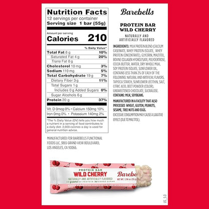 Barebells Protein Bars Wild Cherry - 12 Count, 1.94 oz Bars - Snacks with 20g of High Protein - Chocolate Nutrition Bar with 1g of Total Sugars - On The Go Snack & Breakfast Bars