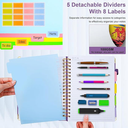 Hardcover Spiral Notebook 6.2"x 8.2" Journal Notebook with Tabs and Removable Dividers 300 Pages 5 Subject Notebook College Ruled, Faux Leather Spiral Bound Notebook for Women School Work (Purple)