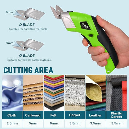 Cordless Electric Scissors, VLOXO Cardboard Cutter Electric Fabric Scissors with Blades Rechargeable Powerful Fabric Cutter for Crafts Leather Carboard Carpet Plastic Felt with Case Green