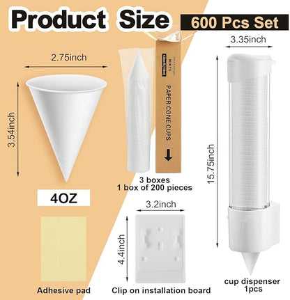 Roshtia 600 Pcs 4 oz Snow Cone Cups Paper Thicken Disposable with 1 Cups Dispenser Pull Type Wall Mount Cup Holder Paper for Restaurants, Home, and Office, and Shaved Ice, Cold (White)
