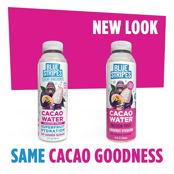 Blue Stripes Cacao Water - Cold Pressed Superfruit Hydration with Electrolytes & Antioxidants, No Sugar Added, All Natural, Great for Protein Shakes & Smoothies - Passion Fruit, 6 Pack