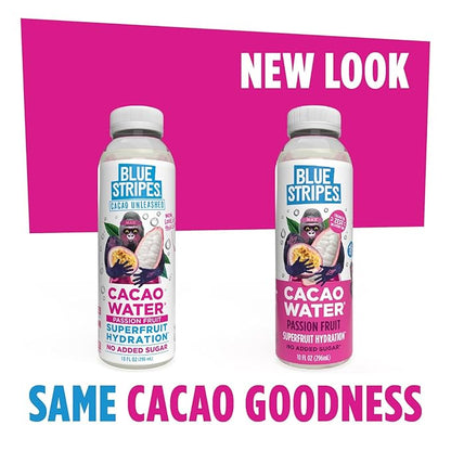 Blue Stripes Cacao Water - Cold Pressed Superfruit Hydration with Electrolytes & Antioxidants, No Sugar Added, All Natural, Great for Protein Shakes & Smoothies - Passion Fruit, 6 Pack