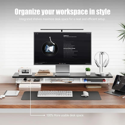 Dual‑Tier Monitor Stand for Modern Desk Setup – Minimalist Wooden and Metal Riser Shelf with Transparent Acrylic Feet for Dual Monitors, Laptops, Home Office Aesthetic，Black and White