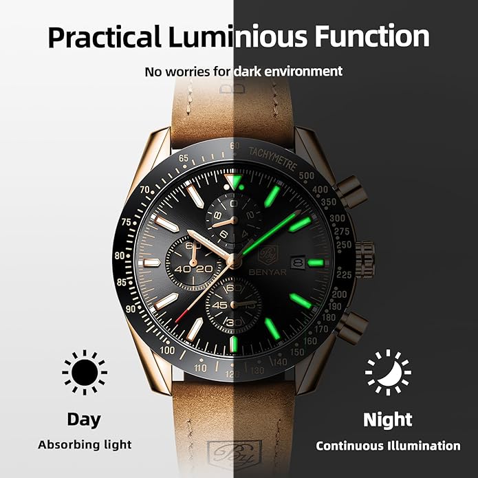 BY BENYAR Watch for Men Analog Quartz Chronograph Waterproof Luminous Designer Mens Wrist Watches Business Work Sport Casual Dress Watch with Silicone Strap Elegant Gifts for Men