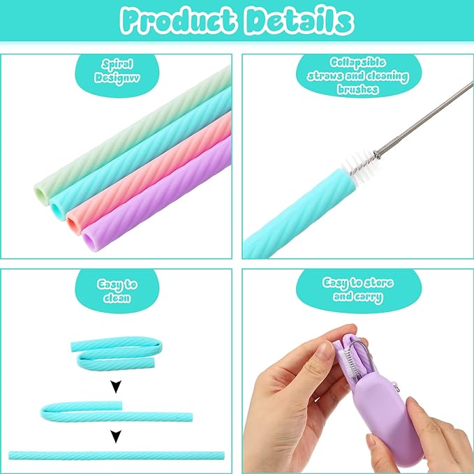Meanplan 4 Sets Cruise Ship Essentials,4 Set Silicone Straws with Case Reusable Silicone Portable Drinking Straw Set for Party Travel Cold or Hot with 4 Carry Case, 4 Cleaning Brushes (Classic Color)