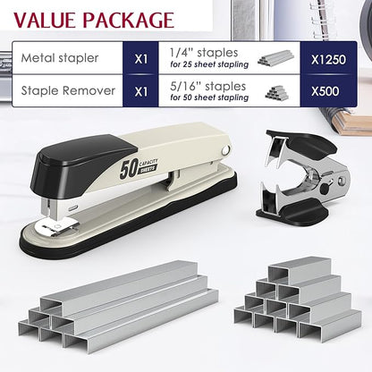 Metal Stapler Heavy Duty 50 Sheet Capacity with 1750 Staples and Staple Remover, Full Strip Staplers for Desk, No Jam, Non-Slip for Office & Classroom, White