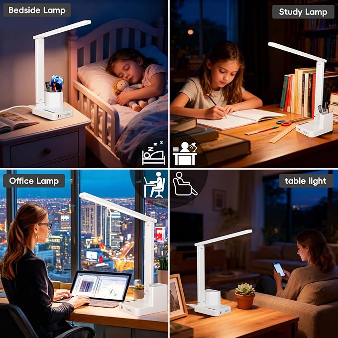 COZOO LED Desk Lamp with 2 USB Charging Ports,Type C Port,1 AC Outlet,2 Pen Holders,3 Color Temperature 3 Brightness Level,Touch/Memory/Timer,10W Eye Protection Foldable Reading Light,Study Lamp-White