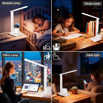 COZOO LED Desk Lamp with 2 USB Charging Ports,Type C Port,1 AC Outlet,2 Pen Holders,3 Color Temperature 3 Brightness Level,Touch/Memory/Timer,10W Eye Protection Foldable Reading Light,Study Lamp-White