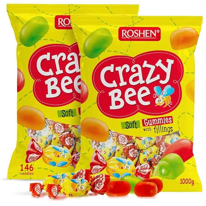 Roshen Crazy Bee Jelly Candy, Assorted Fruit Flavors with Soft Fruit Filling, Bulk 2.2 lbs (1 kg) Individually Wrapped Gems, Kosher & Halal, Made with Natural Juice (Pack of 2)