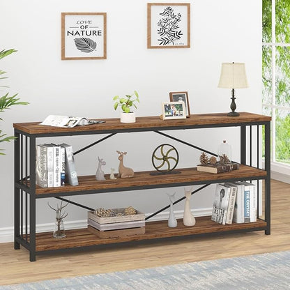 IBF Low Rustic 3 Tier Bookshelf, Industrial Horizontal Wood Bookcase, Farmhouse Long Wide Open Metal Etagere, Modern Large Vintage Book Shelf for Home Office Bedroom Living Room, Rustic Brown, 63 Inch