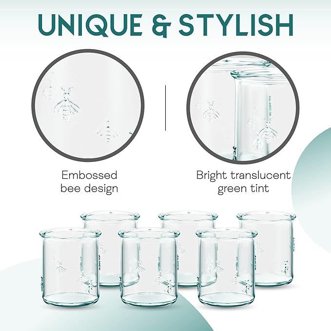 Amici Home Regina DOF Glass | 12 Oz | Italian Made, Recycled Green Glass | Drinking Glass with Embossed Bee Design for Water, Juice, Iced Tea, Cocktails (Set of 6)