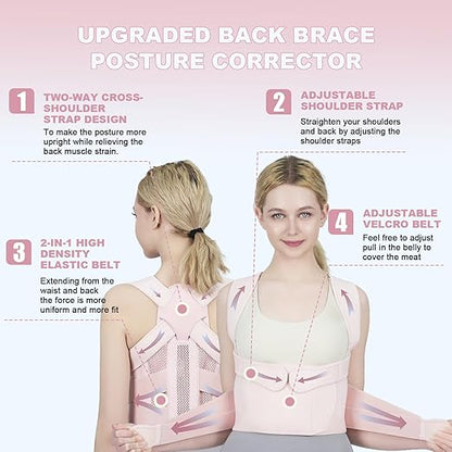 Posture Corrector for Women and Men Upgraded Back Brace, Adjustable Back Support for Upper and Lower Back Pain Relief, Shoulder Straightener for Hunchback, Scoliosis, Lumbar, Spine (Pink, Large)