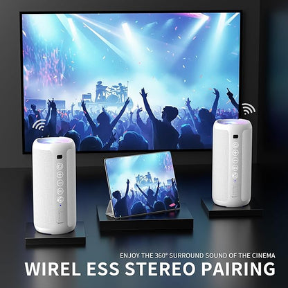 Ortizan Portable Bluetooth Speaker: IPX7 Waterproof, 24W Loud Sound, Deep Bass, Bluetooth 5.3, LED Lights, Wireless Stereo Pairing, 30H Playtime, for Home/Outdoor/Party/Beach, Birthday Gift (White)
