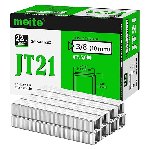 meite JT21 Staples, 3/8 Inch Galvanized Fine Wire Staples for Staple Gun - 7/16" Crown JT21 Staple Refill, Ideal for Upholstery, Crafts, Furniture (5 Boxes)
