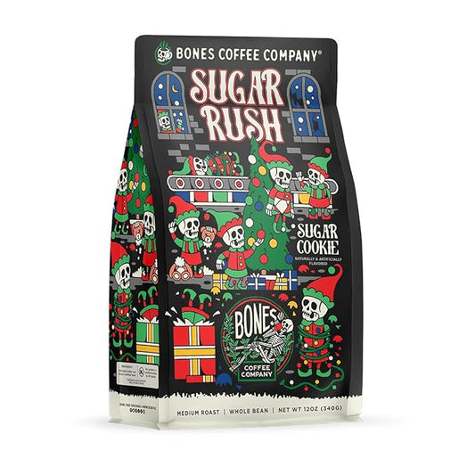 Bones Coffee Company Sugar Rush, Sugar Cookies Flavored Coffee, Medium Roast Low Acid Arabica Beans Compatible with Auto drip and French Press Coffee Maker, 12 Oz Whole Bean