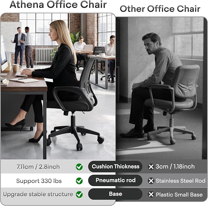 Athena Collection Office Chair - 330Lbs, 2 Packs Breathable Mesh Desk Chair Thickness Cushion with Lumbar Support & Armrest, Rolling Swivel Adjustable Tilt Lock for Home Office/Gaming, Bedroom Study