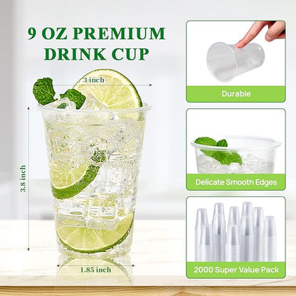 Vplus 2000 Pack 9 OZ Clear Plastic Cups, 9 Ounce Disposable Cold Water Party Drinking Cups for Wedding Thanksgiving Christmas Party