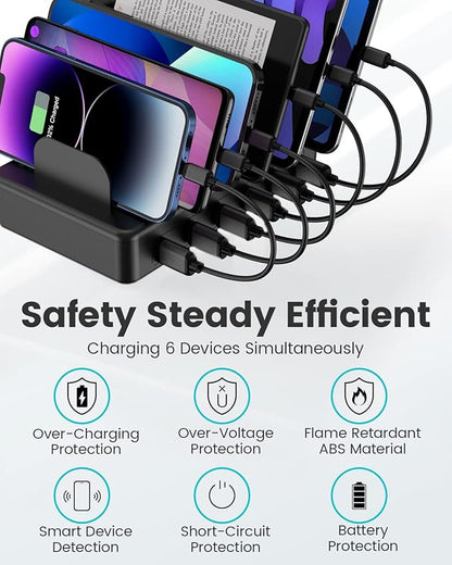 CREATIVE DESIGN 50W 6 Ports Multi Charger Station with 6 Charging Cables, USB Charging Dock for Multiple Devices, Compatible with Cellphone iPad Kindle Tablet and Other Electronic Devices