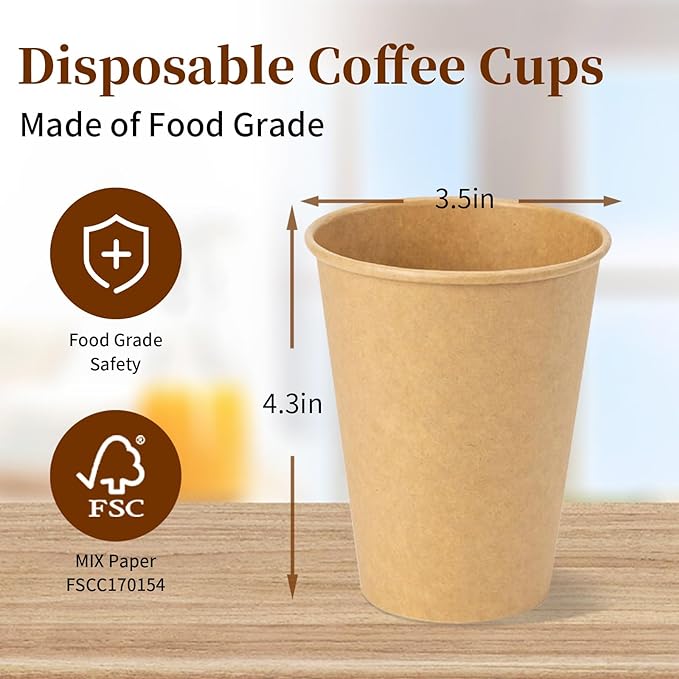RACETOP [100 Pack] 12 oz Coffee Cups, Disposable Coffee Cups, Kraft Paper Cups, Hot Cups Unbleached for Home, Stores, Cafes, Office