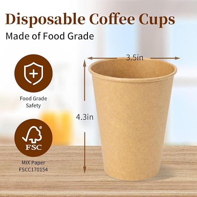RACETOP [300 Pack] 12 oz Coffee Cups, Disposable Coffee Cups, Kraft Paper Cups, Hot Cups Unbleached for Home, Stores, Cafes, Office