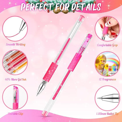 Stocking Stuffers for Kids Teens Girls Boys, 12-Color Scented Glitter Gel Pens, Coloring Markers Colored Pen Set, Cute Glitter Pens Journaling Supplies Fun Stationary, Halloween Christmas Gifts