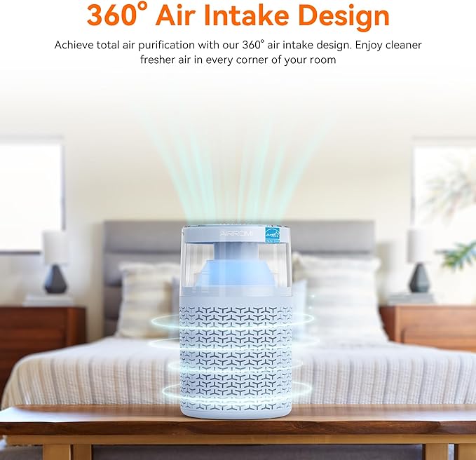 AIRROMI Air Purifiers for Bedroom Home,Up to 658 Ft²,Activated Carbon Filter Cleaner,With Fragrance Sponge for Better Sleep,Night Light,Pet Dander,Allergies,Smoke,Odor,Desktop Air Cleaner A2002 Blue