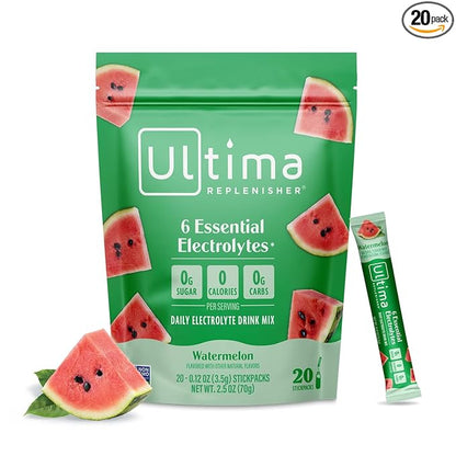 Ultima Replenisher Daily Electrolyte Powder Drink Mix – Sugar Free – Watermelon, 20 Stickpacks – Hydration Packets with 6 Electrolytes and Trace Minerals – Keto Friendly, Vegan, Non-GMO