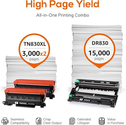 TN830XL Toner and DR830 Drum Unit Replacement for Brother TN830XL DR-830 use with HL-L2460DW HL-L2405W HL-L2480DW MFC-L2820DW DCP-L2640DW MFC-L2900DW (2 Toner 1 Drum)