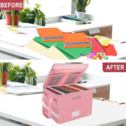 ENGPOW File Box with Lock, Fireproof Document Box with Zipper＆Pockets, Collapsible File Organizer Filing Storage Cabinet with Handle, Portable Home Office Safe for Hanging Letter/Legal Folder, Pink