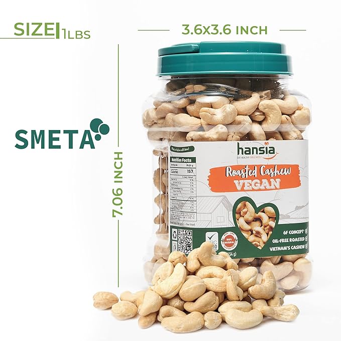 Hansia Roasted Cashew VEGAN, Dry Roasted Unsalted Superfood, Fresh, Healthy, Low Sodium Snacks, Rich of Protein & Natural Fiber, Protein, Vitamin and Iron (Roasted Cashew, 1 Pound (Pack of 1))