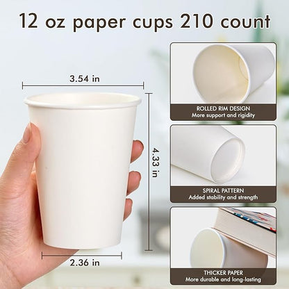 210 Count 12 oz Coffee Cups, White Paper Cups 12 oz for Water Juice or Tea, Perfect for Office Home Party