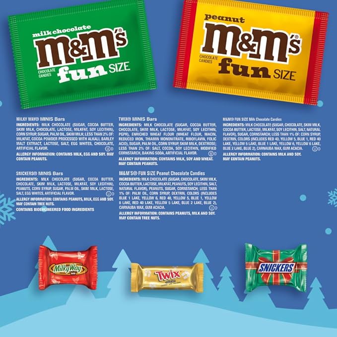 M&M'S Milk Chocolate, M&M'S Peanut, SNICKERS, TWIX, & MILKY WAY Fun Size and Mini Chocolate Christmas Candy Individually Wrapped Stock Stuffers Holiday Variety Pack, 160 Piece Bulk Bag (Pack of 2)