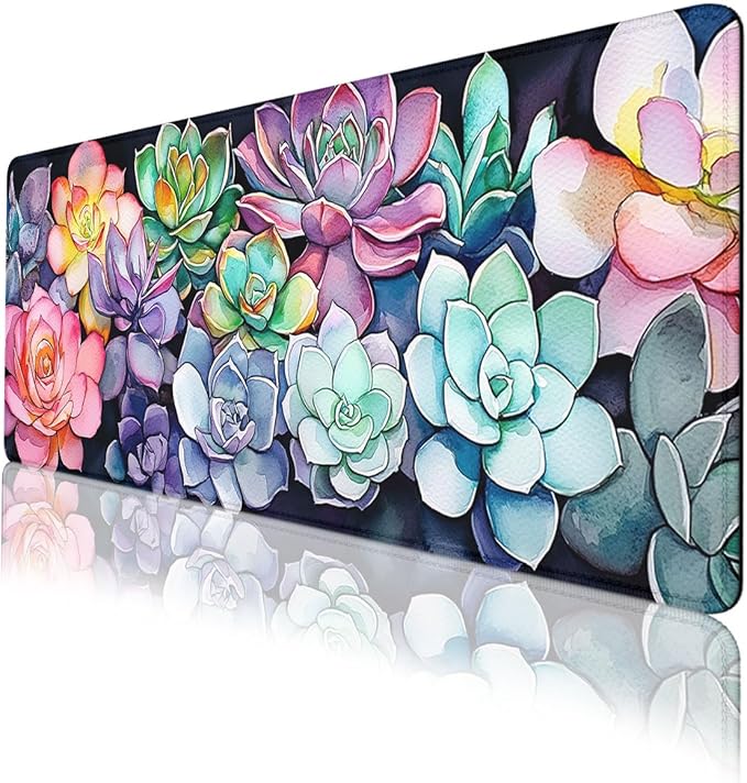 Succulent Plants Desk Pad Mouse Pad Colorful Floral Botanical Art Extended Gaming Mouse Pad Mat with Stitched Edge Non-Slip Base Big Mousepad 31.5"x11.8"