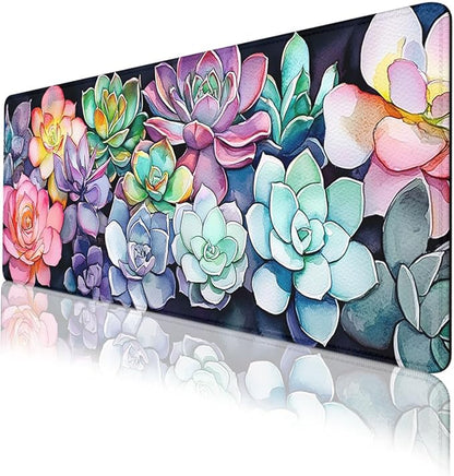 Succulent Plants Desk Pad Mouse Pad Colorful Floral Botanical Art Extended Gaming Mouse Pad Mat with Stitched Edge Non-Slip Base Big Mousepad 31.5"x11.8"