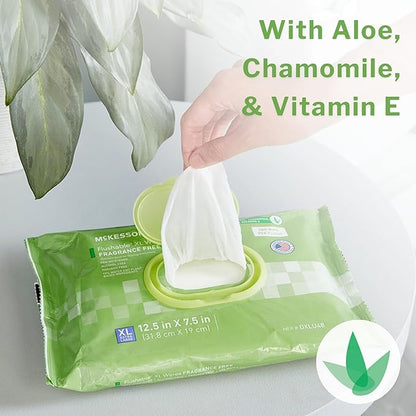 McKesson Flushable* Adult Wet Wipes XL – 288 Wipes (3 Pack of 96) – Aloe & Vitamin E, Plant-Based Cleansing Wipes, Unscented, Extra Large