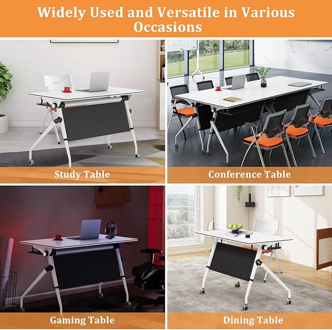 Folding Conference Table,Rolling Meeting Table for Conference Room,Flip Top Mobile Trainning Table with Wheels,Foldable Conference Room Tables,Rectangle Meeting Seminar Tables for Office (4Pc, 53.1in