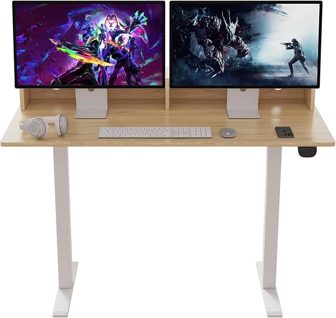 2-Tier Height Adjustable 45" Electric Standing Desk - Upgraded Ultra Durable Home Office Large Rectangular Computer Table or Laptop Sit Stand Workstation - Maple