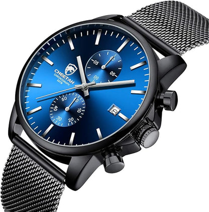 GOLDEN HOUR Mens Watch Fashion Sleek Minimalist Quartz Analog Mesh Stainless Steel Waterproof Chronograph Watches for Men with Auto Date