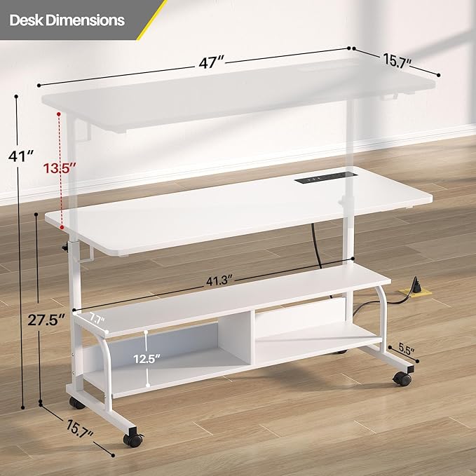 Armocity Height Adjustable Standing Desk with Power Outlets, 47" Manual Stand Up Desk with Storage Shelves Small Mobile Rolling Computer Desk Portable Laptop Table with Wheels for Home Office, White