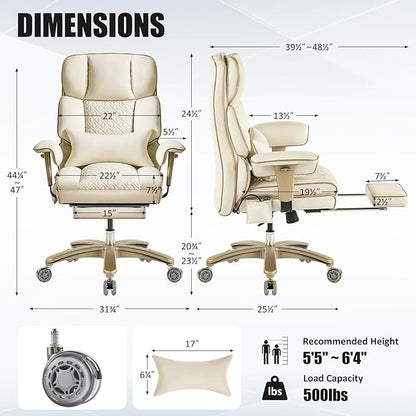 Ergonomic Executive Office Desk Chair with Adjustable Air Lumbar Support, Luxury Boss Chair with High-Back Leather Recliner, 3-Level Tilt Lock, 360° Swivel, Silent Wheels & Height Adjustment,Beige