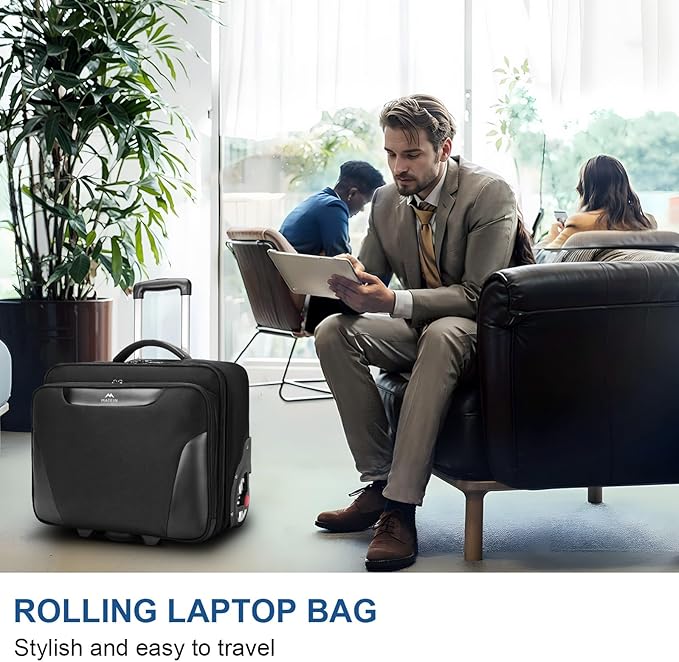 MATEIN Rolling Briefcase for Men, Large Rolling Laptop Bag with Big Wheels Fits 17.3 Inch Notebook for Travel Office Work, Water Resistant Roller Computer Case College Teacher Luggage Suitcase, Black
