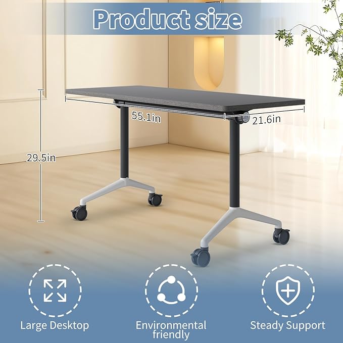 Conference Table, Foldable Conference Room Tables with Silent Wheels, Folding Modular Seminar Meeting Tables, Modern Rectangle Training Table for Office, Boardroom (4, Grey, 55.1)
