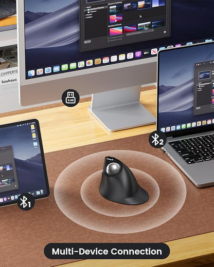 ProtoArc Vertical Wireless Trackball Mouse, EM05 NL Bluetooth Ergonomic Rollerball Mouse Rechargeable Computer Laptop Thumb Mice, 3 Device Connection, Compatible with iPad, Mac, Windows, PC-Silver