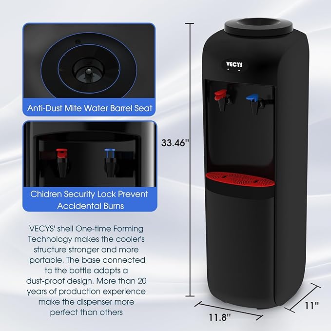 VECYS Hot and Cold Water Cooler Dispenser 3 or 5 Gallon with Child Safety Lock, Built-in Refrigerating Compressor and 304 Stainless Steel Reservior