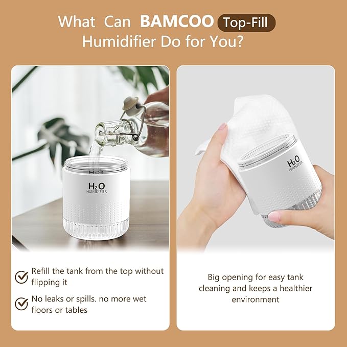 Plant Humidifiers, Portable Mini Humidifier, Rechargeable Personal Desktop Humidifier for Bedroom, Office, Nursery, Travel with Night Light,Auto Shut-Off,3 Filter(350ml,white)